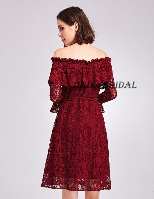 Off the Shoulder Homecoming Dress, Lace Homecoming Dress, Long Sleeve Homecoming Dress, Knee-Length Homecoming Dress, Backless Homecoming Dress, D03