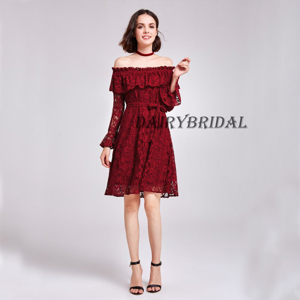 Off the Shoulder Homecoming Dress, Lace Homecoming Dress, Long Sleeve Dairy Bridal Off the Shoulder Homecoming Dress, Lace Homecoming Dress, Long Sleeve Dairy Bridal