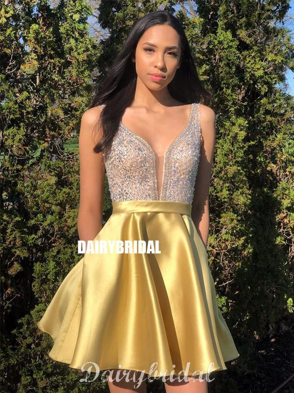 A-line Yellw Satin Backless Sequin Sleeveless Homecoming Dress, FC4013 Dairy Bridal A-line Yellw Satin Backless Sequin Sleeveless Homecoming Dress, FC4013 Dairy Bridal