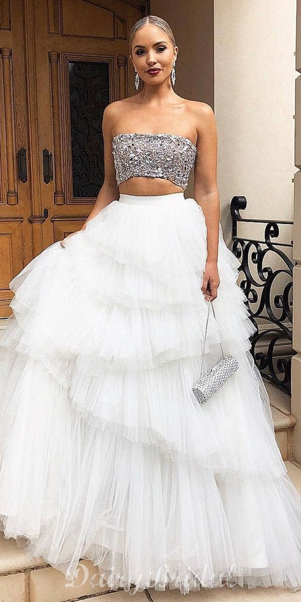 Two Pieces A-line Sparkly Sequin Top Tulle Floor-length Prom Dresses, FC4025 Two Pieces A-line Sparkly Sequin Top Tulle Floor-length Prom Dresses, FC4025