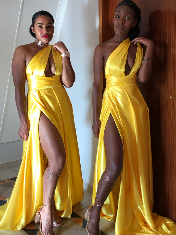 Convertible Bright Yellow One Shoulder A-line Sexy High Slit Backless Dairy Bridal Convertible Bright Yellow One Shoulder A-line Sexy High Slit Backless Dairy Bridal