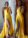 Convertible Bright Yellow One Shoulder A-line Sexy High Slit Backless Bridesmaid Dress, FC4051