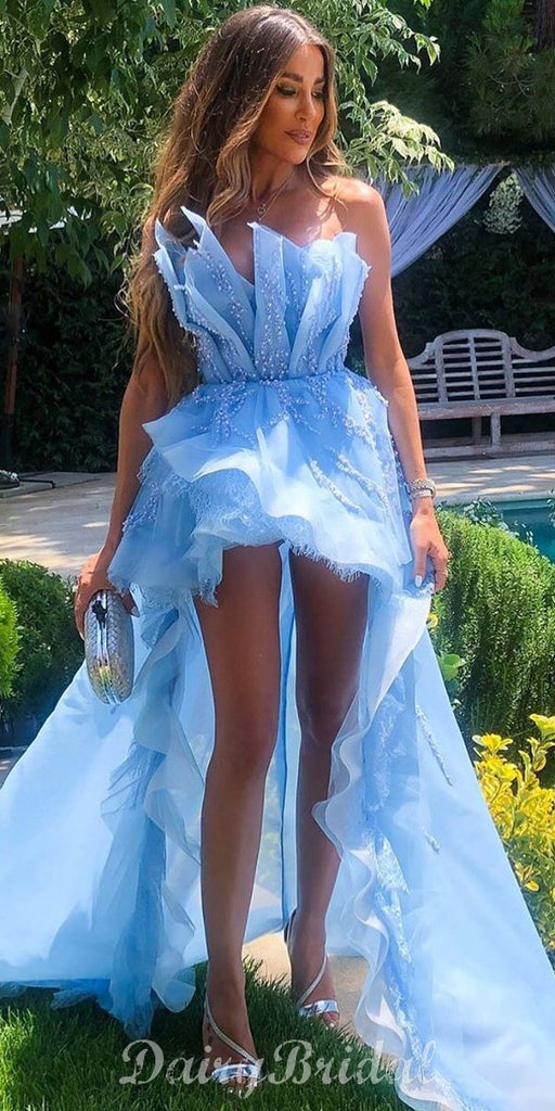 Blue Strapless A-line Organza High-low Backless Applqiue Prom Dresses, FC4073