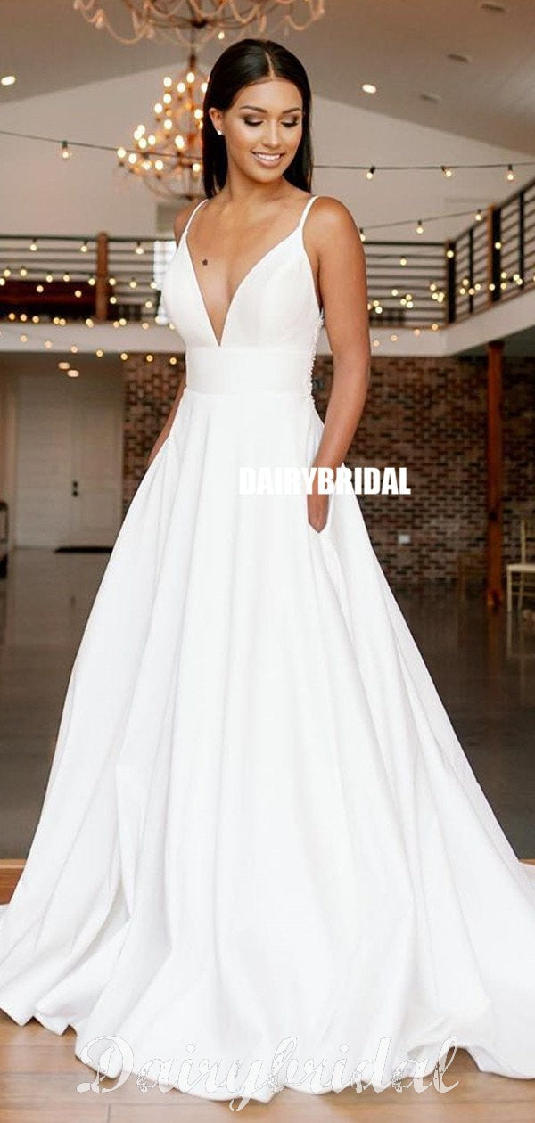 Sexy V-Neck Beading Wedding Dresses A-Line Lace Up Satin Simple