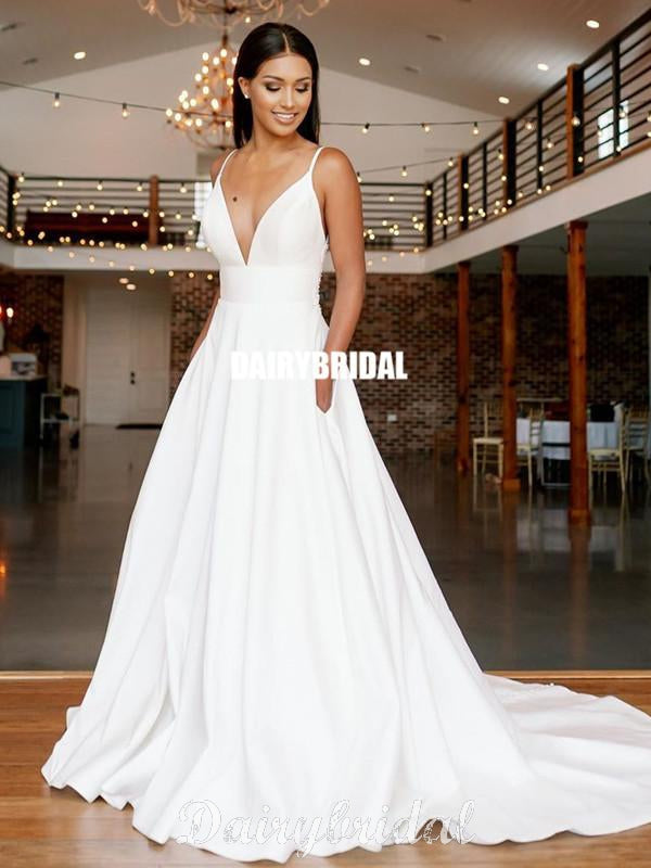 Spaghetti Straps Satin Deep V Neck Wedding Dress Simple A-line