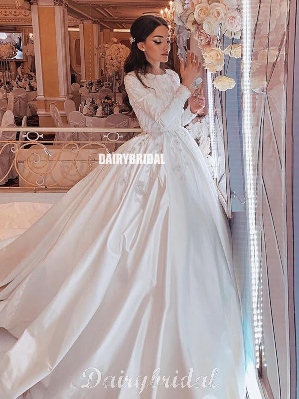 Luxury A-line Satin Long Sleeves Lace Appliques Wedding Dresses, FC418 Dairy Bridal Luxury A-line Satin Long Sleeves Lace Appliques Wedding Dresses, FC418 Dairy Bridal
