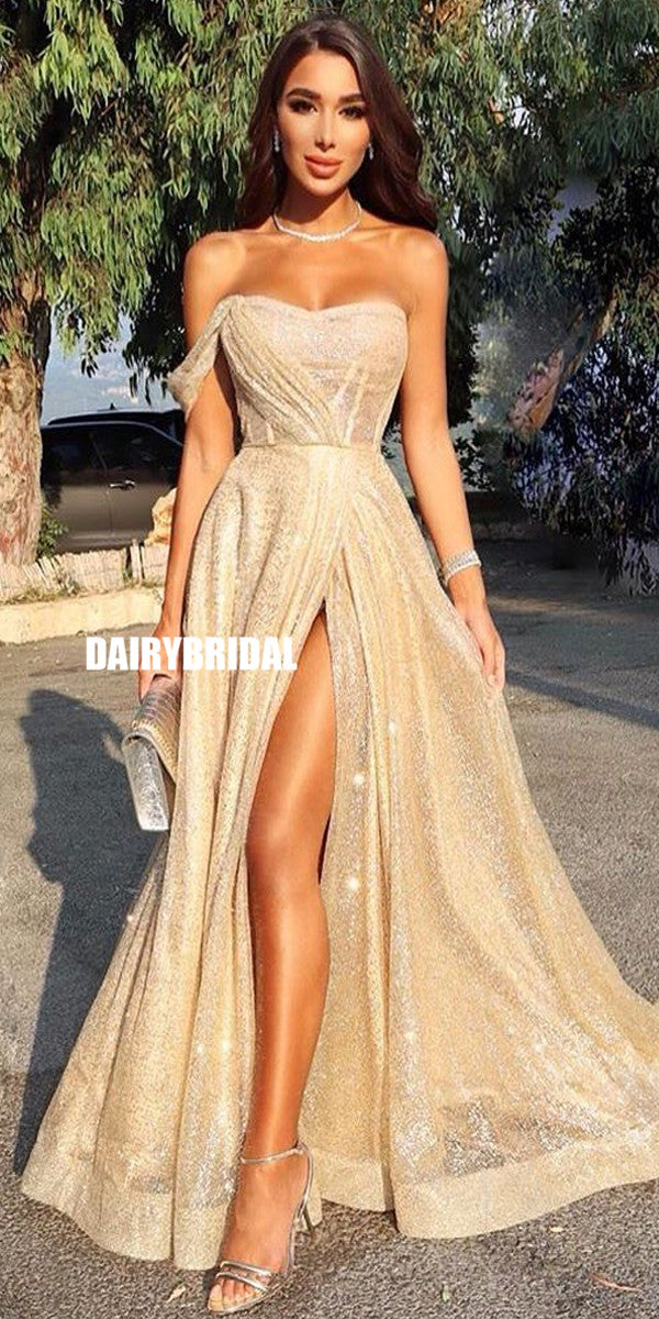 Sparkly A-line Sweetheat Off Shoulder Long Slit Prom Dress, FC4207 Sparkly A-line Sweetheat Off Shoulder Long Slit Prom Dress, FC4207