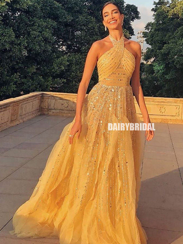 Halter Backless Tulle A-line Sequin Sleeveless Prom Dresses, FC4214 Dairy Bridal Halter Backless Tulle A-line Sequin Sleeveless Prom Dresses, FC4214 Dairy Bridal
