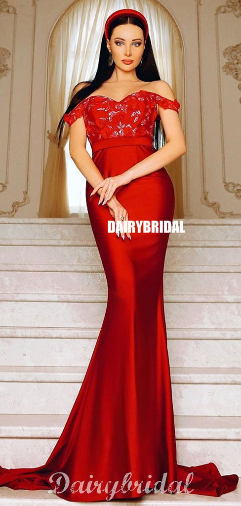 Off Shoulder Red Appliques Mermaid Backless Long Prom Dresses, FC4275