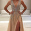 A-Line Deep V-Neck Sleeveless Charming Tulle Affordable Side Split Prom Dresses with Beading and Sweep Train,220043