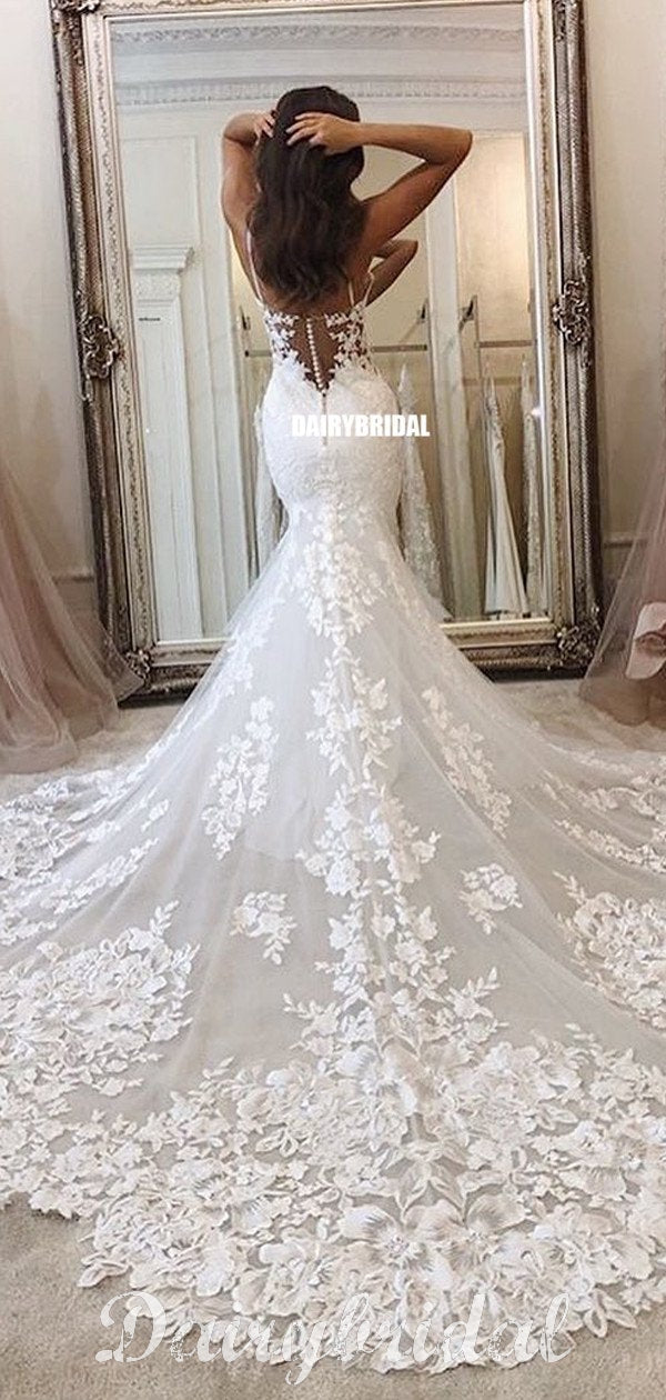 Gorgeous Mermaid Lace Spaghetti Straps Backless Applique Wedding Dress Dairy Bridal Gorgeous Mermaid Lace Spaghetti Straps Backless Applique Wedding Dress Dairy Bridal