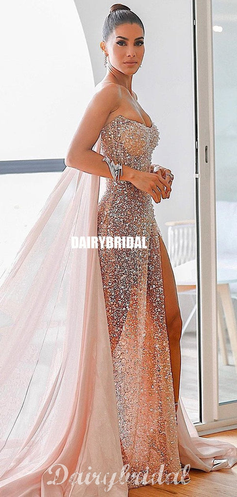 Gorgeous Mermaid Sequin Sexy Slit Backless Sparkle Prom Dresses, FC4446