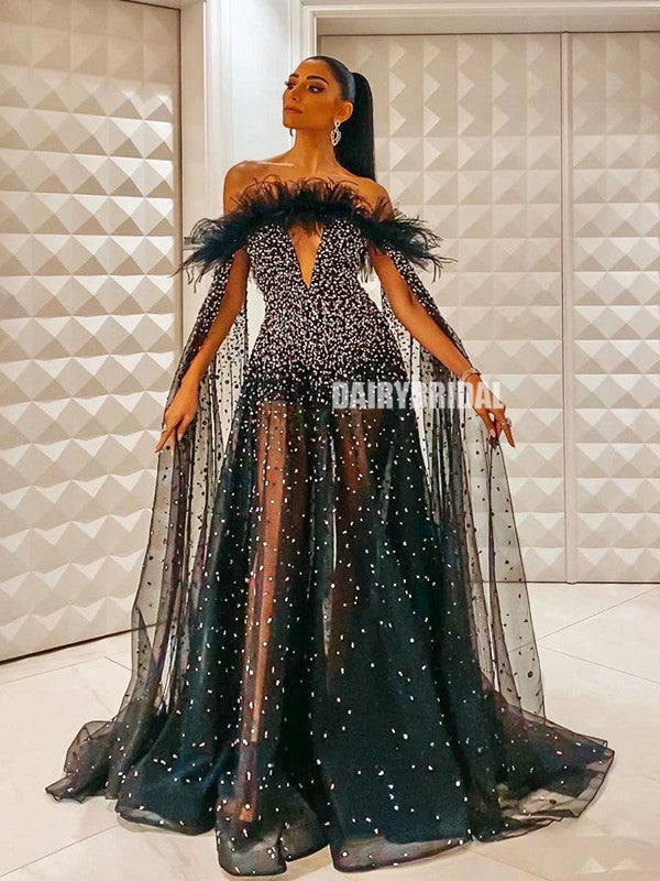 Black Applique Feather Off-the-Shoulder A-Line Long Prom Dress