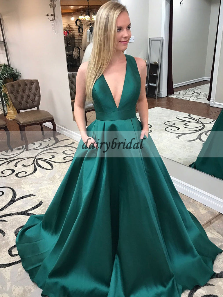 Deep V-Neck Satin Prom Dress with Bow-Knot, Charming Green Prom Dress, D447