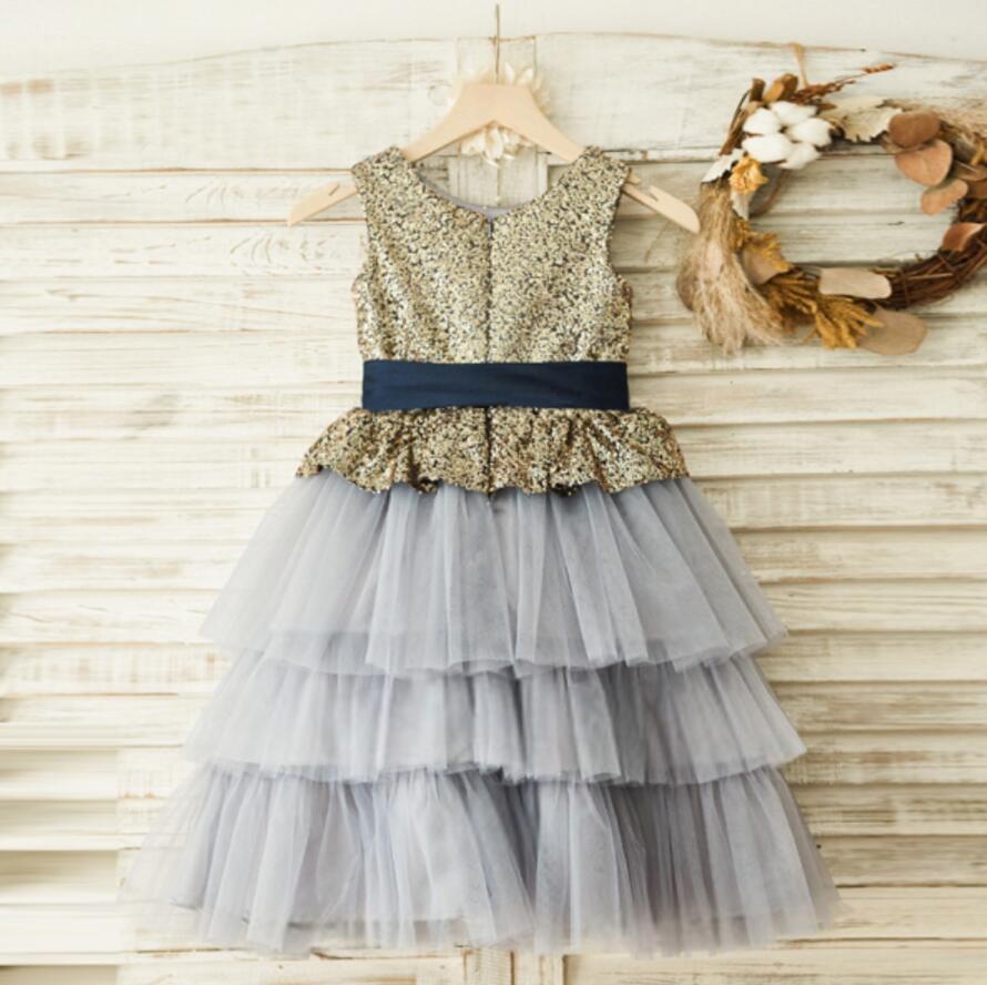 Lovely Sequin Grey Tulle Flower Girl Dresses, Zip Up Little Girl Dresses, FG080