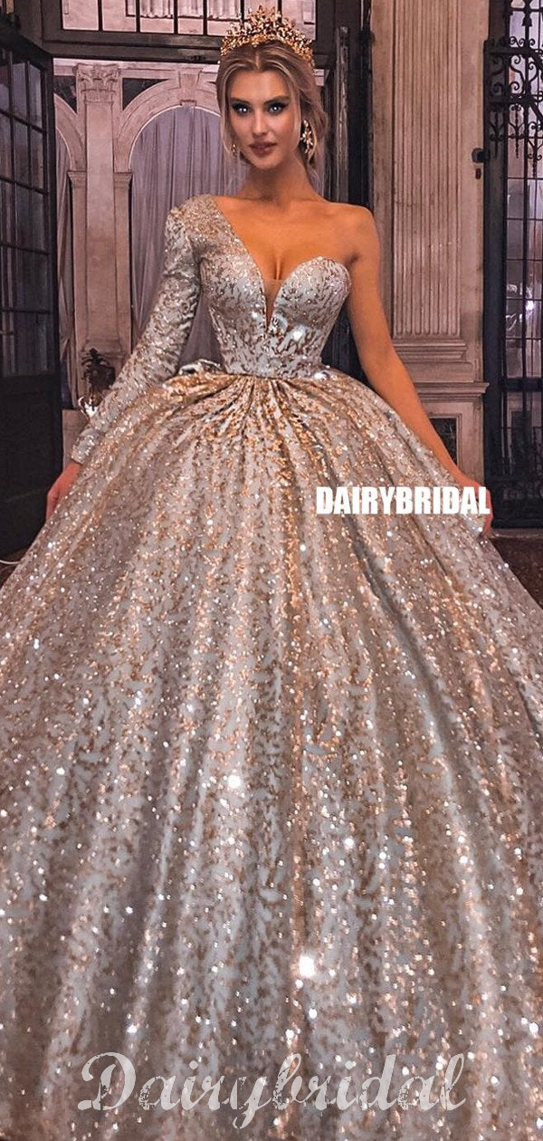 Gorgeous A-line One Shoulder Long Sleeve Sparkle Ball Gown Prom Dress, Dairy Bridal Gorgeous A-line One Shoulder Long Sleeve Sparkle Ball Gown Prom Dress, Dairy Bridal
