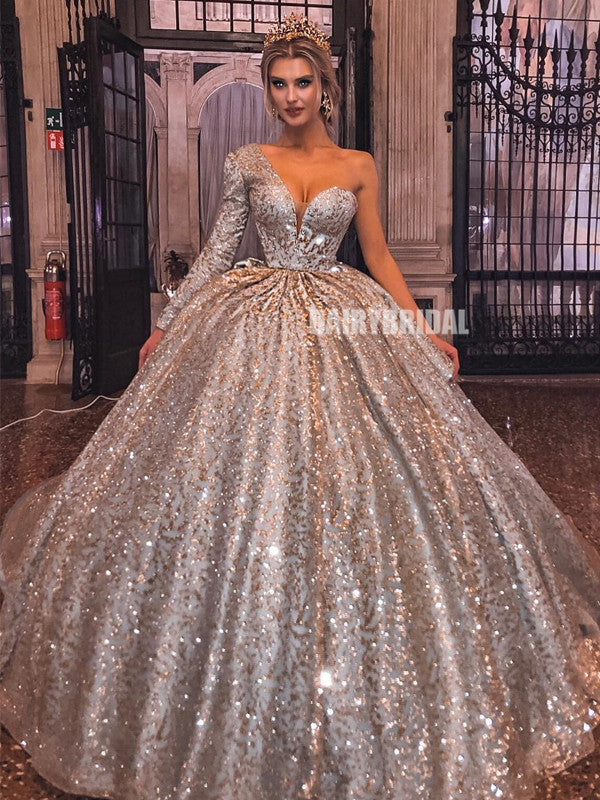 Gorgeous A-line One Shoulder Long Sleeve Sparkle Ball Gown Prom Dress, Dairy Bridal Gorgeous A-line One Shoulder Long Sleeve Sparkle Ball Gown Prom Dress, Dairy Bridal