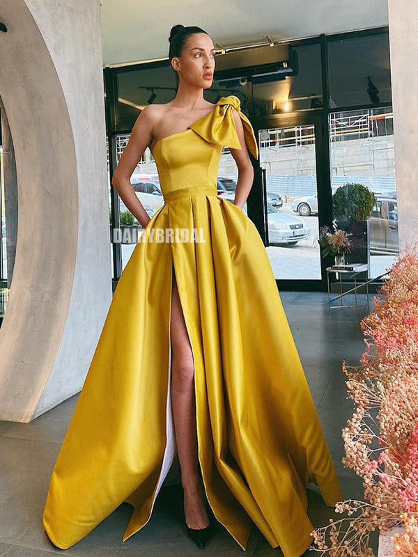 Elegant A-line Satin Sexy Slit One-Shoulder Floor-length Prom Dress, F Dairy Bridal Elegant A-line Satin Sexy Slit One-Shoulder Floor-length Prom Dress, F Dairy Bridal