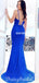 Royal Blue Mermaid Sequin V-neck Sparkle Sexy Slit Backless Prom Dress, FC4567