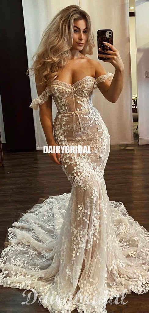 New Arrival Off Shoulder Sexy Mermaid Backless Lace Sweetheart Wedding Dress, FC4598