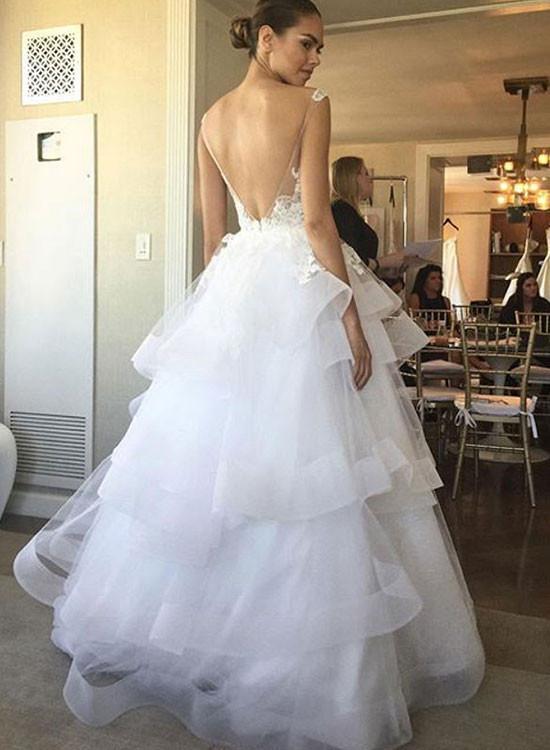Lace A-Line Organza Wedding Dresses, V-Back Sleeveless Long Wedding Dresses, LB0459