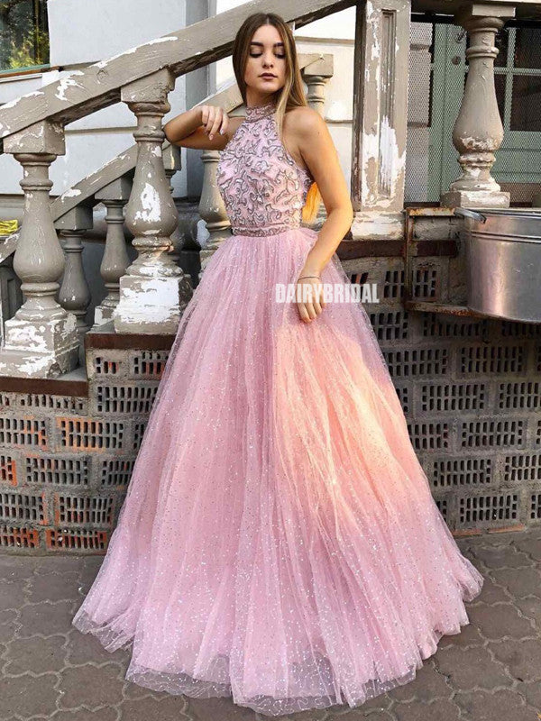 Honest A-line Tulle Floor-Length Halter Backless Lace Top Prom Dresses, FC4602 Honest A-line Tulle Floor-Length Halter Backless Lace Top Prom Dresses, FC4602