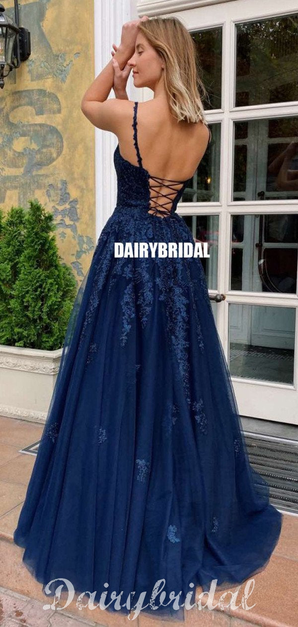 Navy A-line Tulle Cross Back Lace V-neck Sleeveless Prom Dress, FC4604 Dairy Bridal Navy A-line Tulle Cross Back Lace V-neck Sleeveless Prom Dress, FC4604 Dairy Bridal