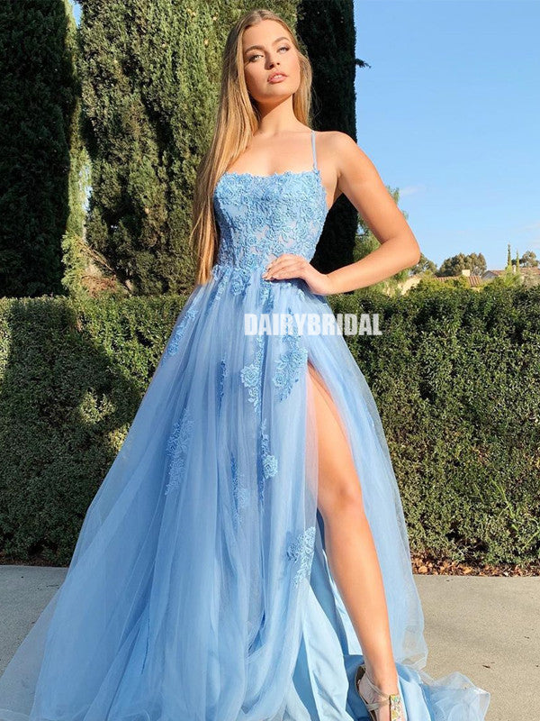 Spaghetti Straps A-line Tulle Slit Cross Back Prom Dress, FC4610 Dairy Bridal Spaghetti Straps A-line Tulle Slit Cross Back Prom Dress, FC4610 Dairy Bridal