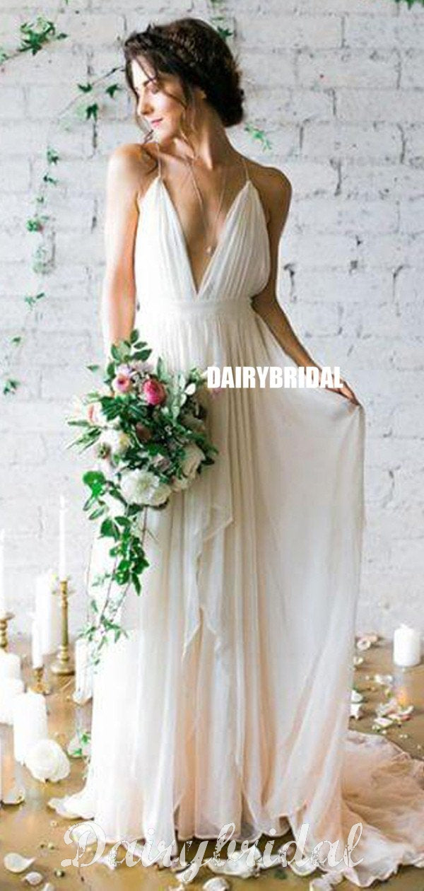 Long Chiffon A-Line Backless Floor-Length Deep V-Neck Beach Wedding Dr Dairy Bridal Long Chiffon A-Line Backless Floor-Length Deep V-Neck Beach Wedding Dr Dairy Bridal