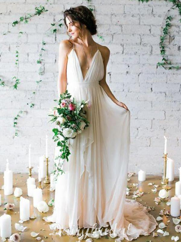 Long Chiffon A-Line Backless Floor-Length Deep V-Neck Beach Wedding Dr Dairy Bridal Long Chiffon A-Line Backless Floor-Length Deep V-Neck Beach Wedding Dr Dairy Bridal