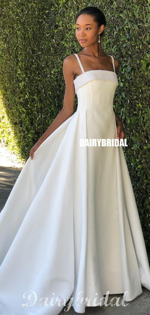 Elegant A-line Satin Spaghetti Straps Beaded Simple Designed Wedding Dress, FC4665