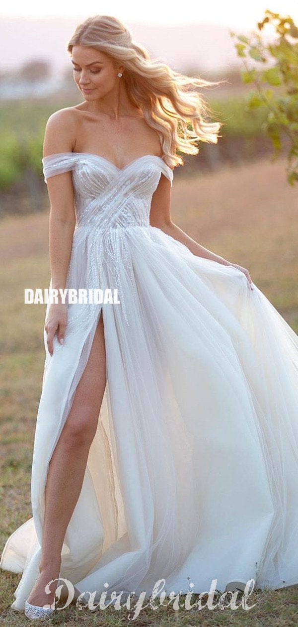 off shoulder slit wedding dress Off-Shoulder Wedding Gown with Skirt Slit