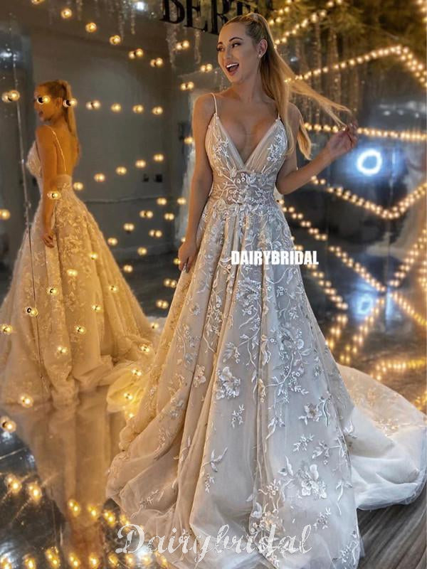 Sexy Deep V-neck Backless A-line Lace Long Wedding Dresses, FC4685 Dairy Bridal Sexy Deep V-neck Backless A-line Lace Long Wedding Dresses, FC4685 Dairy Bridal