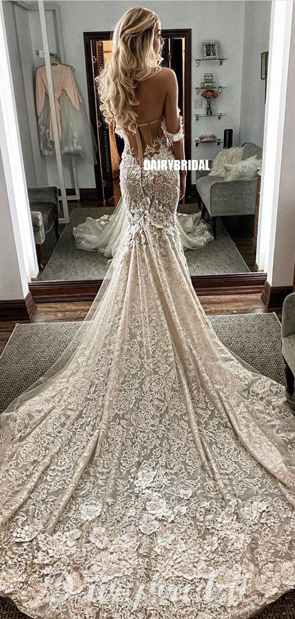 Off Shoulder Lace Mermaid Backless Sweetheart Wedding Dress, FC4686 Dairy Bridal Off Shoulder Lace Mermaid Backless Sweetheart Wedding Dress, FC4686 Dairy Bridal