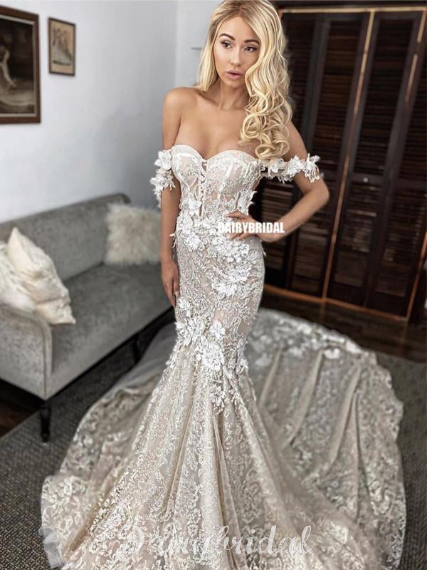 Newest Mermaid Off-the-shoulder Lace Backless Wedding Dresses With Tra –  RomanBridal