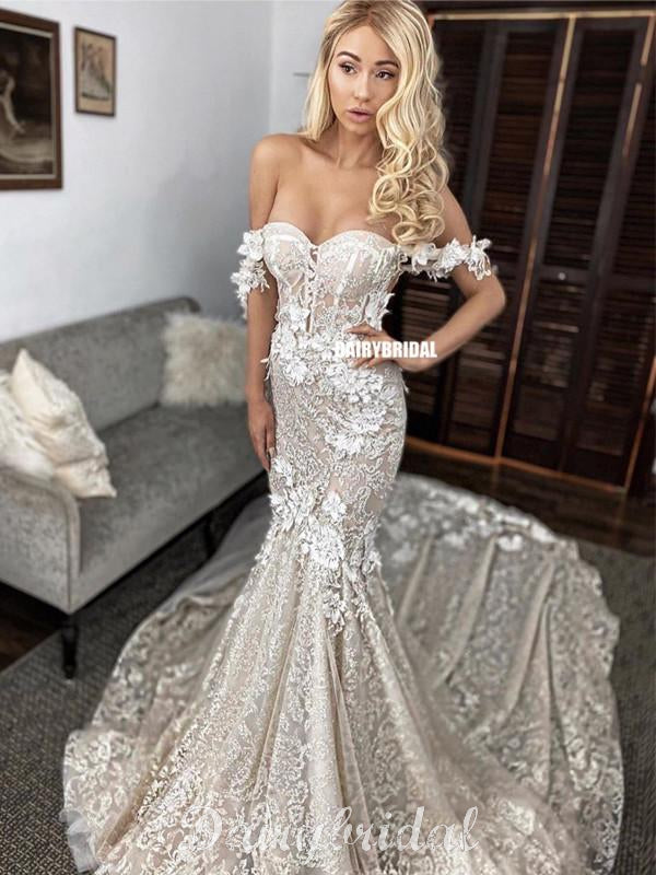Off Shoulder Lace Mermaid Backless Sweetheart Wedding Dress, FC4686 Dairy Bridal Off Shoulder Lace Mermaid Backless Sweetheart Wedding Dress, FC4686 Dairy Bridal