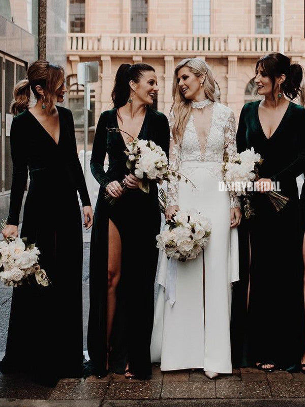 Charming A-line Velvet Long Sleeves V-neck Slit Sexy Bridesmaid Dress, Dairy Bridal Charming A-line Velvet Long Sleeves V-neck Slit Sexy Bridesmaid Dress, Dairy Bridal