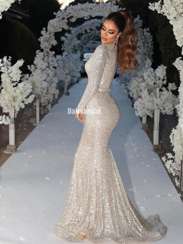 Gold Mermaid Long Sleeves Sequin V Neck Prom Dress Gold Mermaid Long Sleeves Sequin V Neck Prom Dress