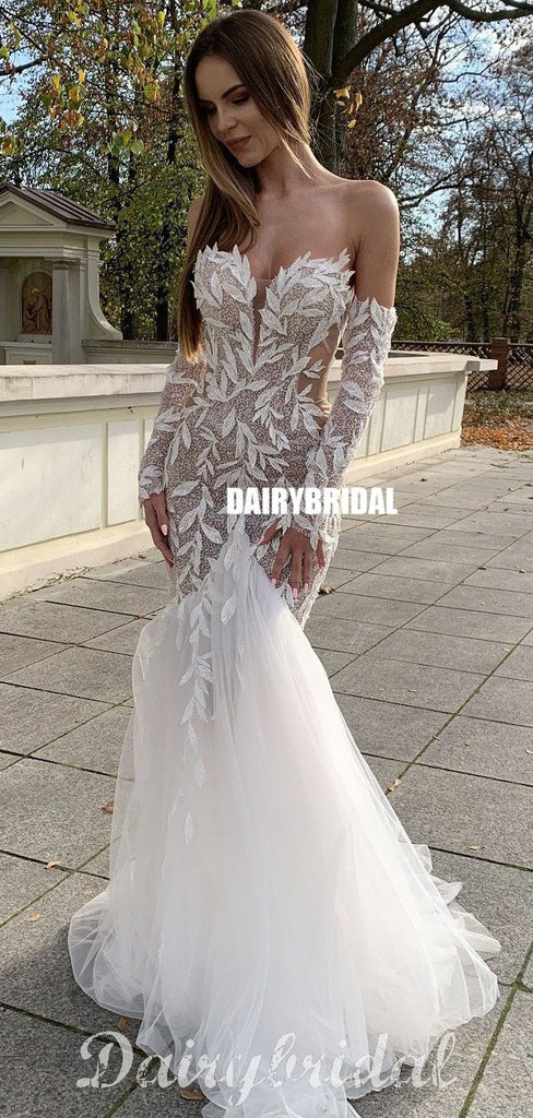 Sweetheart Long Sleeves Mermaid Lace Backless Tulle Sexy Wedding Dresses, FC4818