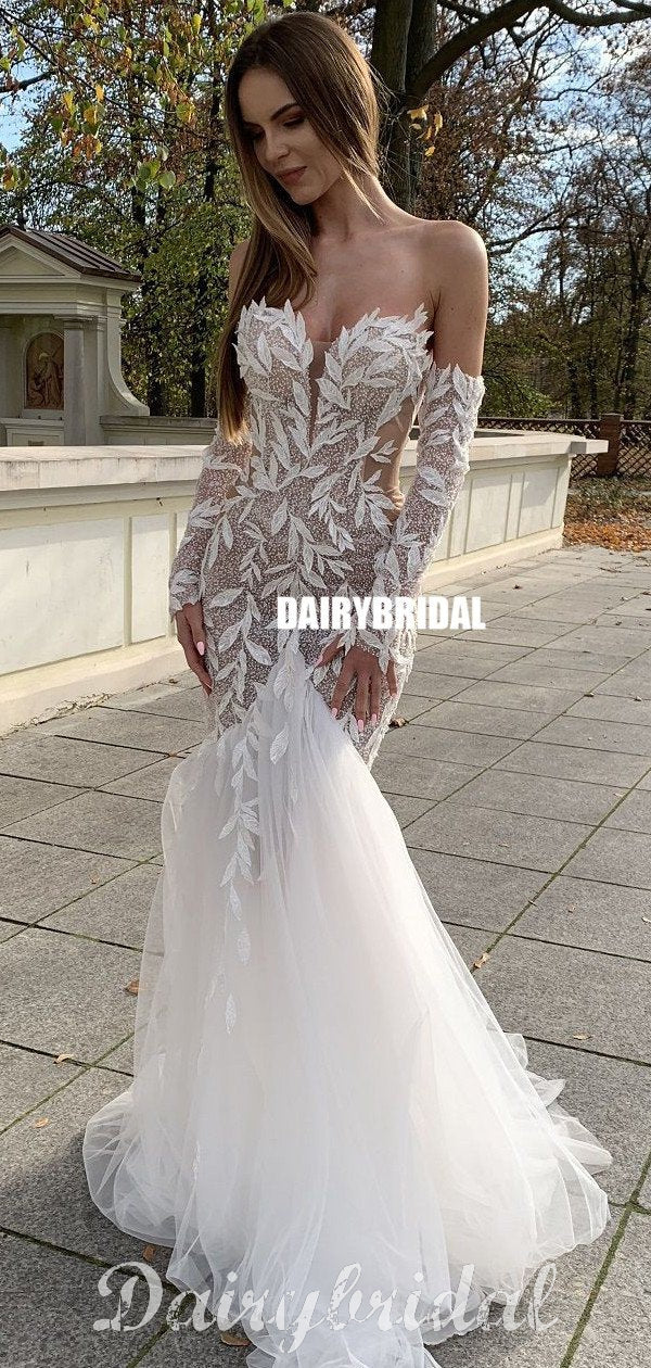 Sweetheart Long Sleeves Mermaid Lace Backless Tulle Sexy Wedding