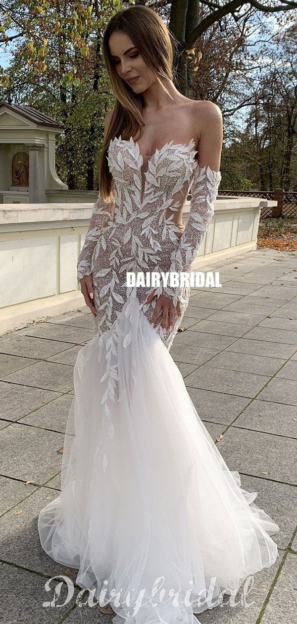 Sweetheart Long Sleeves Mermaid Lace Backless Tulle Sexy Wedding Dresses, FC4818 Sweetheart Long Sleeves Mermaid Lace Backless Tulle Sexy Wedding Dresses, FC4818