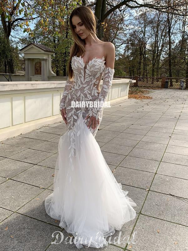 Sweetheart Long Sleeves Mermaid Lace Backless Tulle Sexy Wedding Dresses, FC4818 Sweetheart Long Sleeves Mermaid Lace Backless Tulle Sexy Wedding Dresses, FC4818