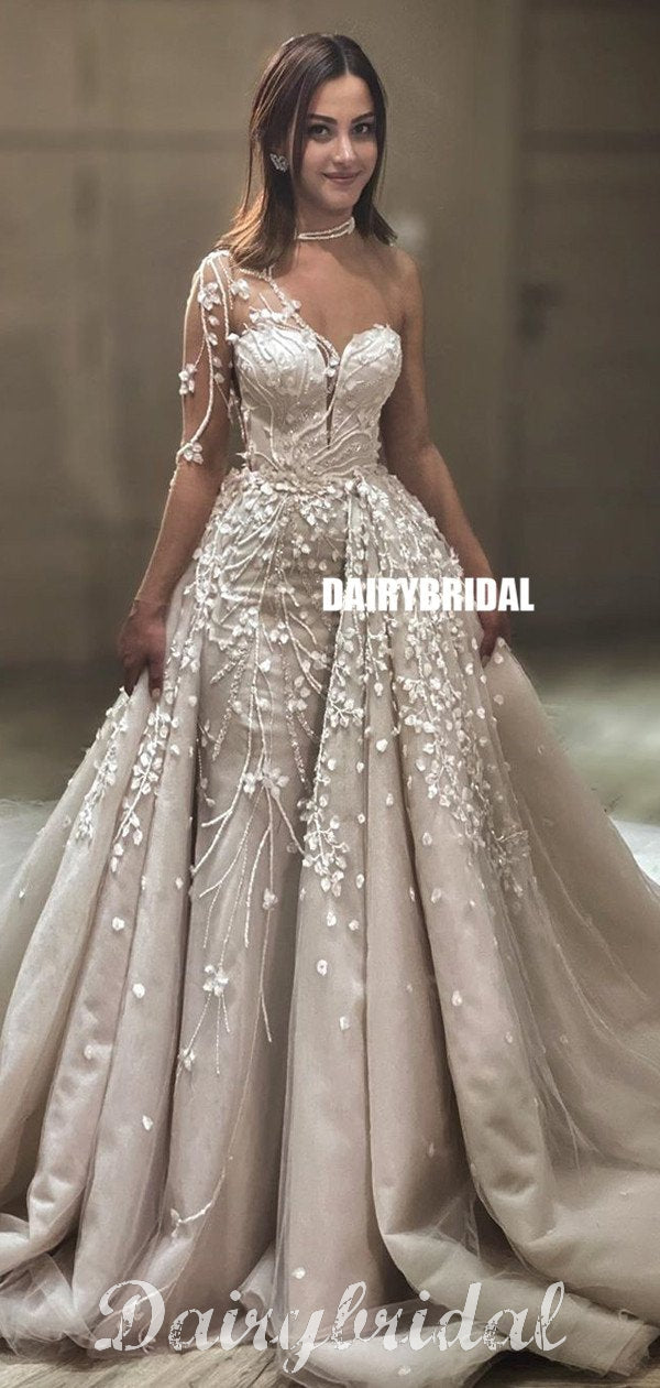 Gorgeous A-line Long Sleeves Lace Wedding Dress with detachable Skirt, Dairy Bridal Gorgeous A-line Long Sleeves Lace Wedding Dress with detachable Skirt, Dairy Bridal