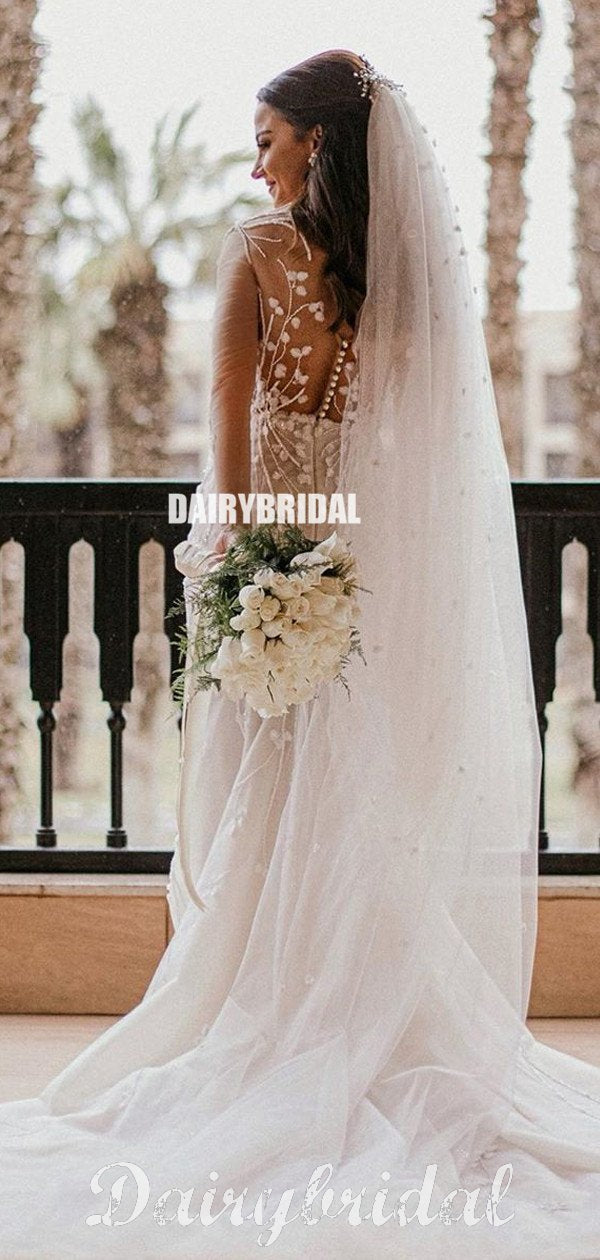 Gorgeous A-line Long Sleeves Lace Wedding Dress with detachable Skirt, Dairy Bridal Gorgeous A-line Long Sleeves Lace Wedding Dress with detachable Skirt, Dairy Bridal