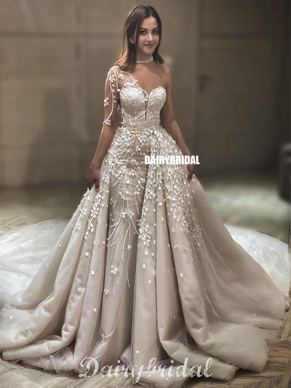 Gorgeous A-line Long Sleeves Lace Wedding Dress with detachable Skirt, Dairy Bridal Gorgeous A-line Long Sleeves Lace Wedding Dress with detachable Skirt, Dairy Bridal