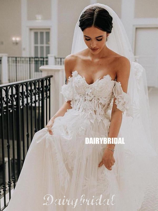 Off Shoulder Lace A-line Backless Tulle Long Wedding Dress, FC4855