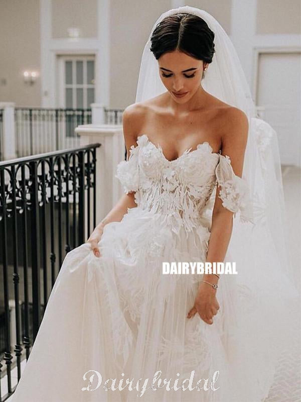 Off Shoulder Lace A-line Backless Tulle Long Wedding Dress, FC4855 Dairy Bridal Off Shoulder Lace A-line Backless Tulle Long Wedding Dress, FC4855 Dairy Bridal