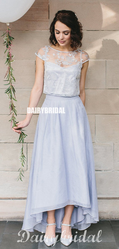 Two Pieces A-line Organza High Low Cap Sleeve Bridesmaid Dress, FC4905