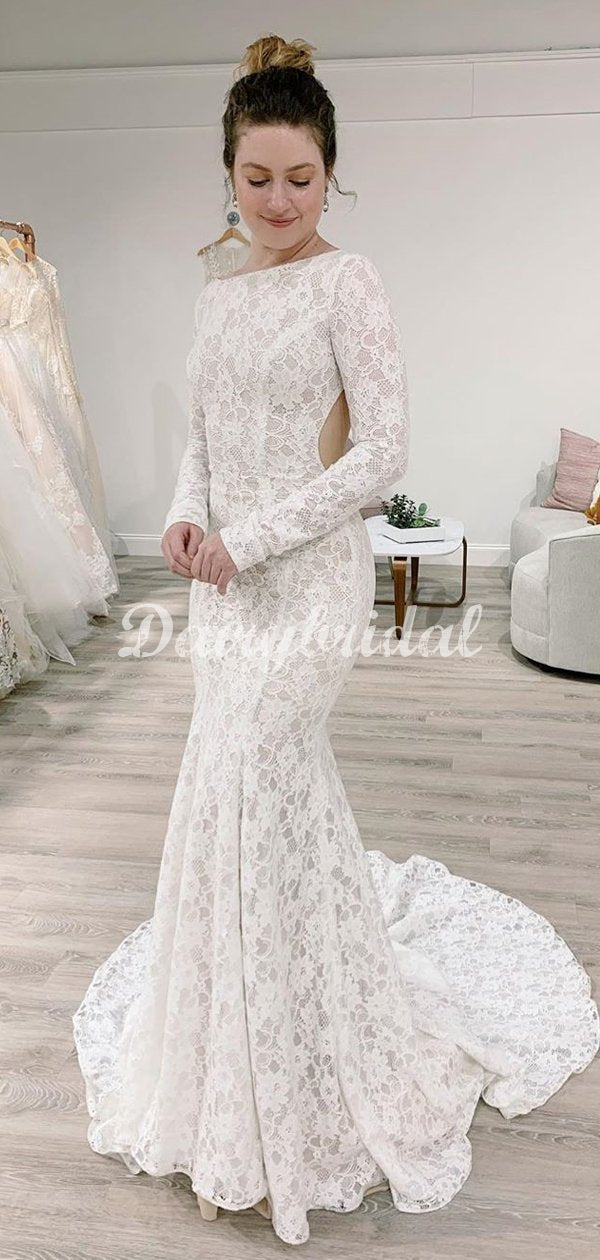Stunning Mermaid Lace Long Sleeves Wedding Dress with a Detachable Tra Dairy Bridal Stunning Mermaid Lace Long Sleeves Wedding Dress with a Detachable Tra Dairy Bridal