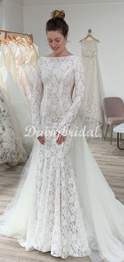 Stunning Mermaid Lace Long Sleeves Wedding Dress with a Detachable Train, FC4945